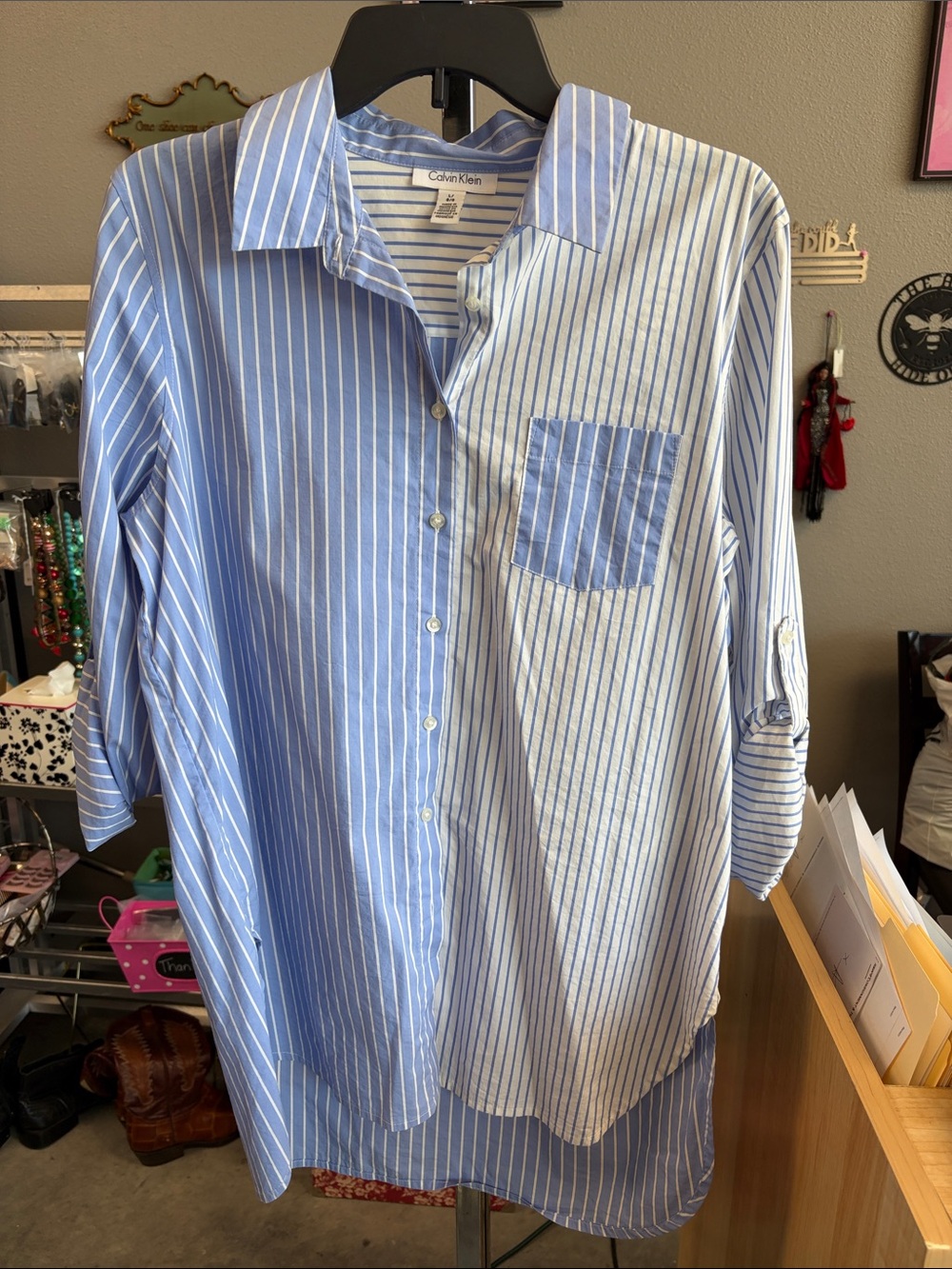 Calvin Klein Two-Tone Blue & White Striped Button-Down Shirt 3LZ879